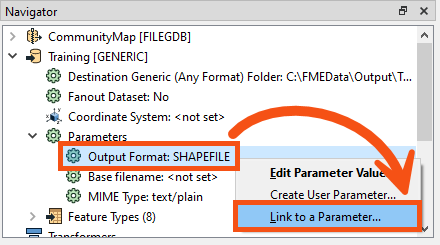 Linking a user parameter to an FME parameter in the Navigator